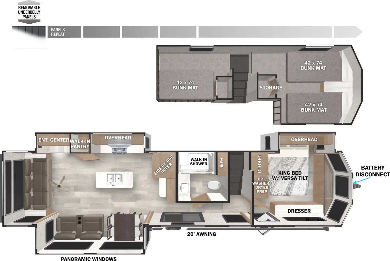 The Wildwood Lodge 42DL has two entries and three slide outs. Exterior features include: metal or fiberglass exterior and 20' awning. Interiors features include: loft, kitchen island, free-standing dinette option, front bedroom and rear living.